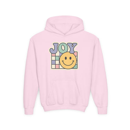 Girls Youth Hoodie – Retro 'JOY' Smiley Graphic Kids Sweatshirt