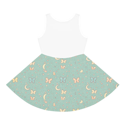 Girls' Moon & Butterfly Sundress — Aqua Patterned Sleeveless Dress