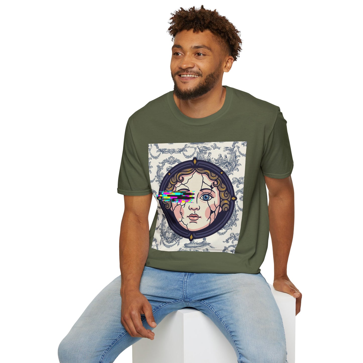 Glitch retro cracked porcelain doll face- Rococo Smartphone Toile - T-Shirt — Retro Mythology Art Tee