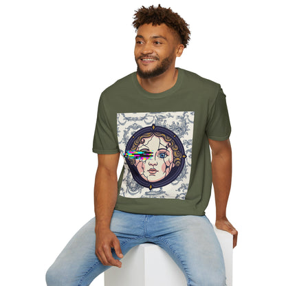 Glitch retro cracked porcelain doll face- Rococo Smartphone Toile - T-Shirt — Retro Mythology Art Tee