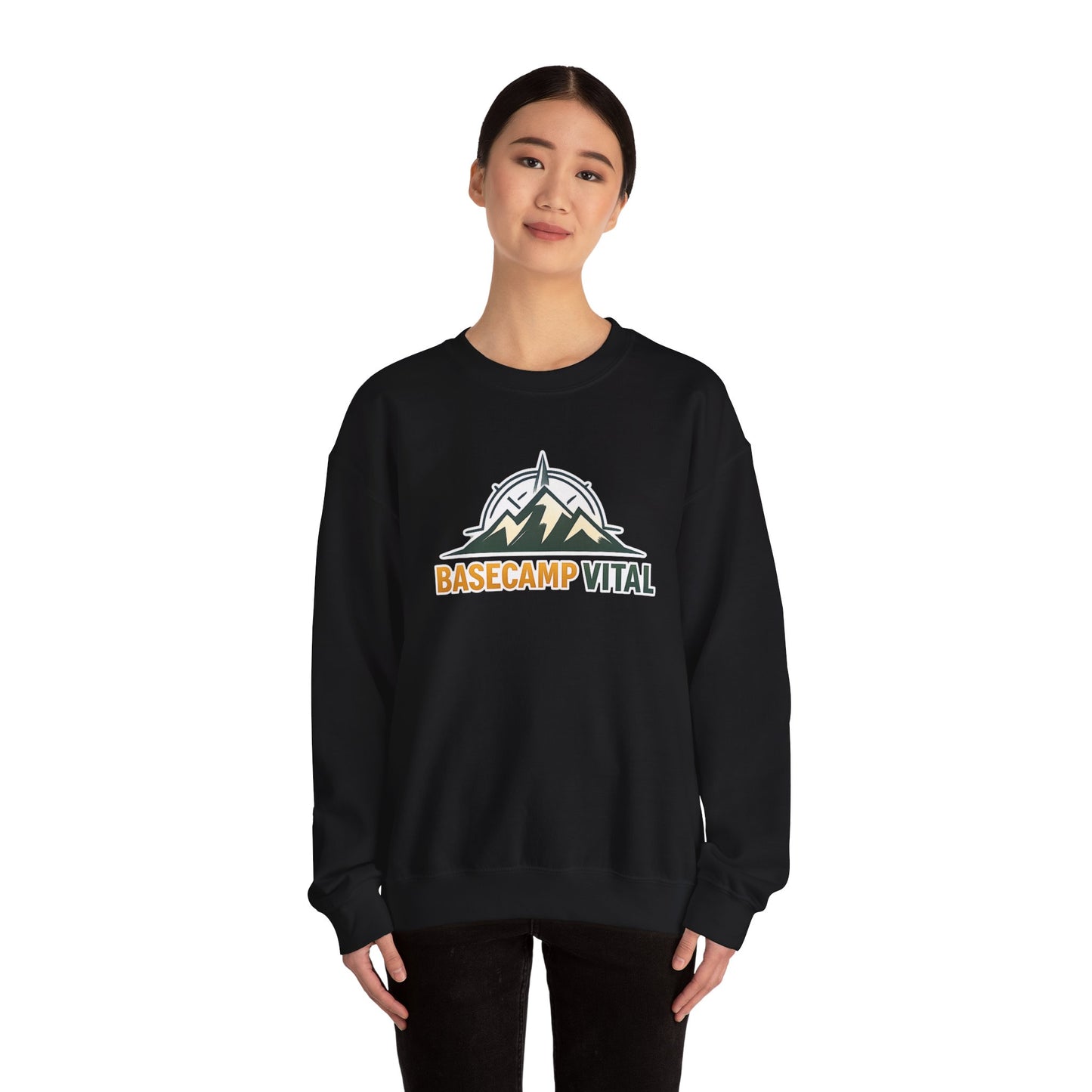 Base Camp Vital Mountain Embroidered Crewneck Sweatshirt | Cozy Hiking & Camping Pullover | 50/50 Midweight  Vital Mountain Crewneck Sweatshirt — Outdoor Adventure Logo Pullover (free shipping)