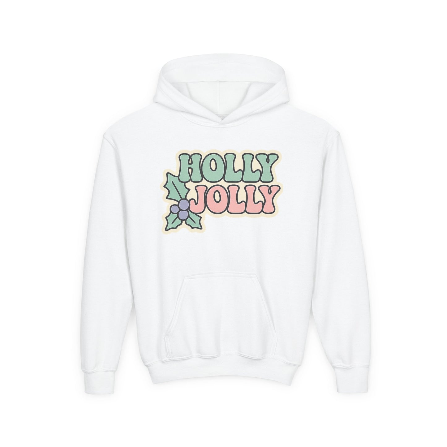 Girls Youth Hoodie — 'Holly Jolly' Pastel Christmas Holiday Sweatshirt