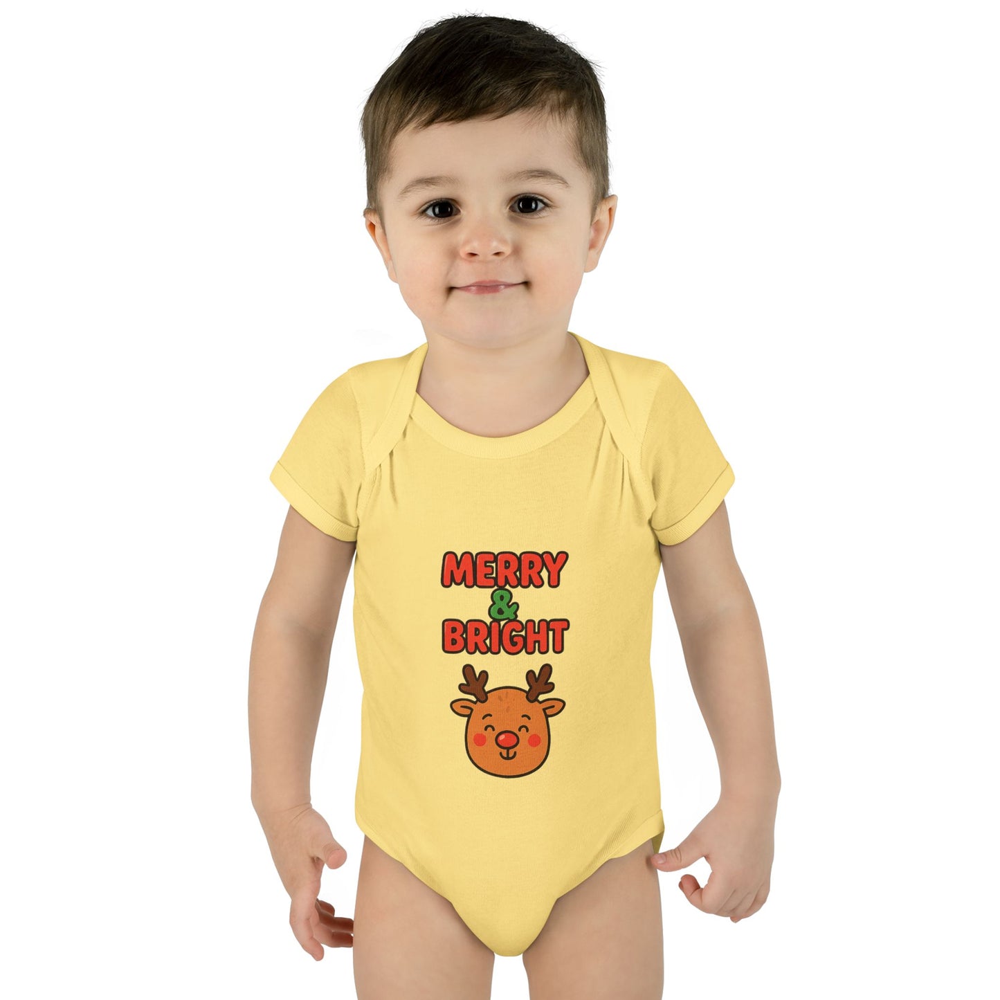 Merry & Bright Baby Bodysuit - Cute Reindeer Christmas Infant Onesie