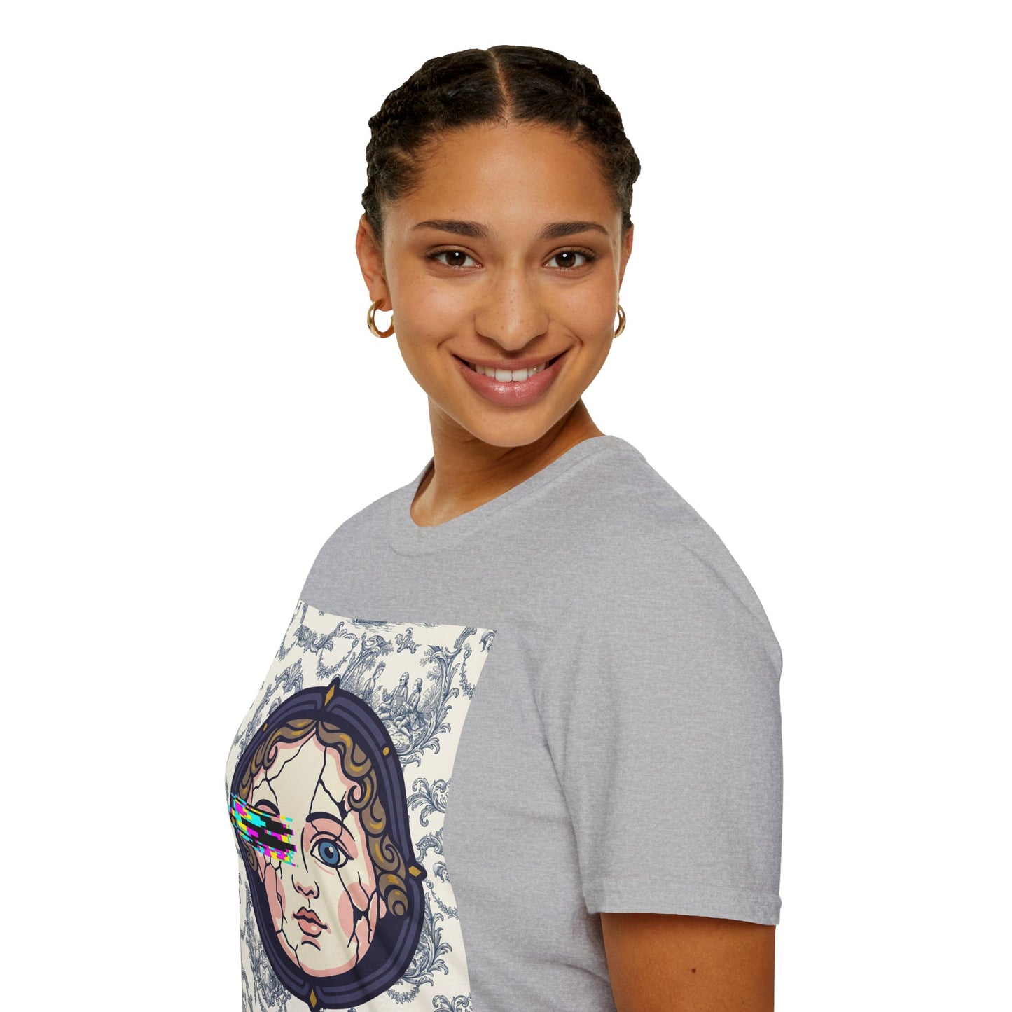 Glitch retro cracked porcelain doll face- Rococo Smartphone Toile - T-Shirt — Retro Mythology Art Tee