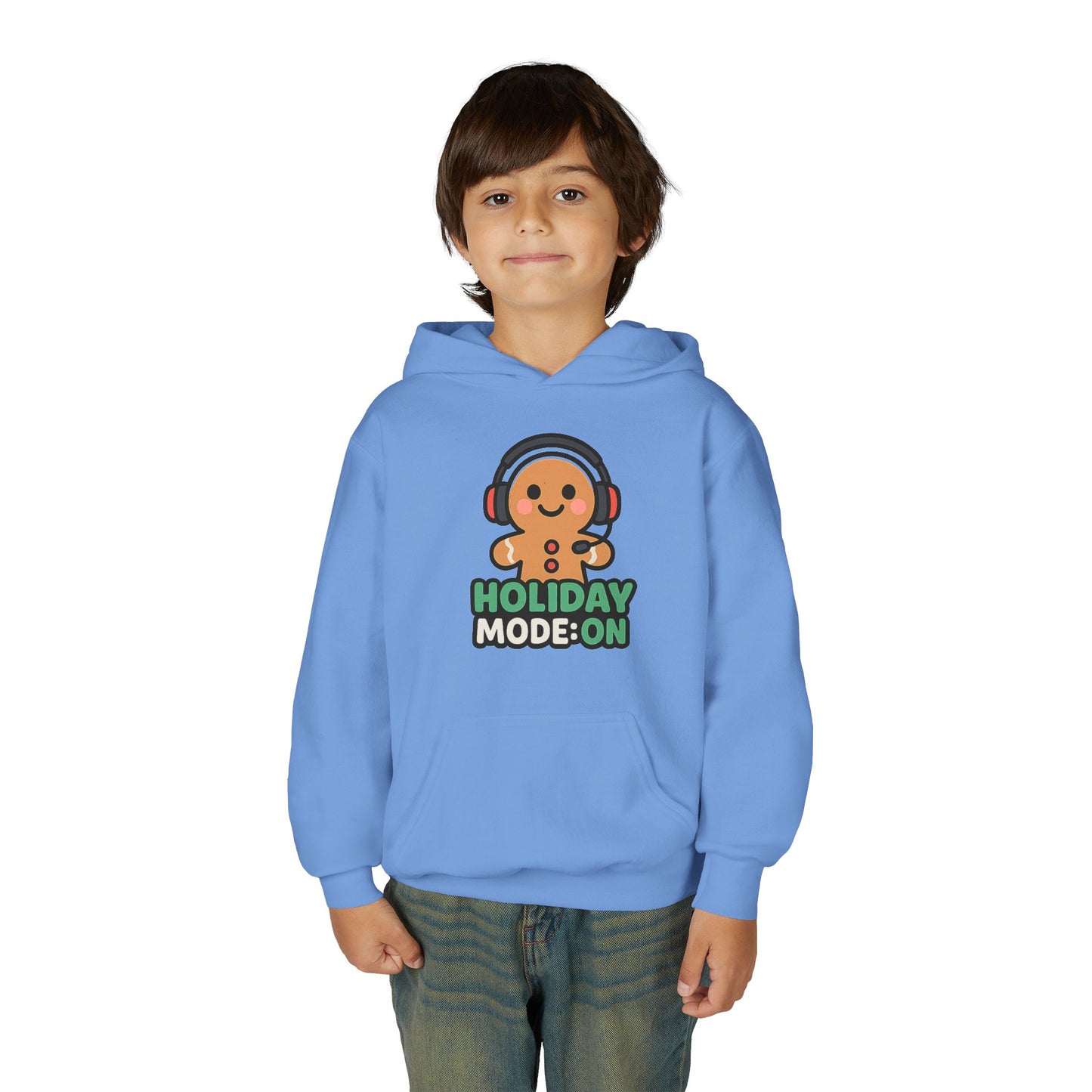 Youth Hoodie — 'Holiday Mode On' Gingerbread Headphone Christmas Sweatshirt