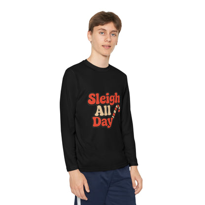 Youth Long Sleeve Tee — "Sleigh All Day" Christmas Candy Cane Holiday Shirt