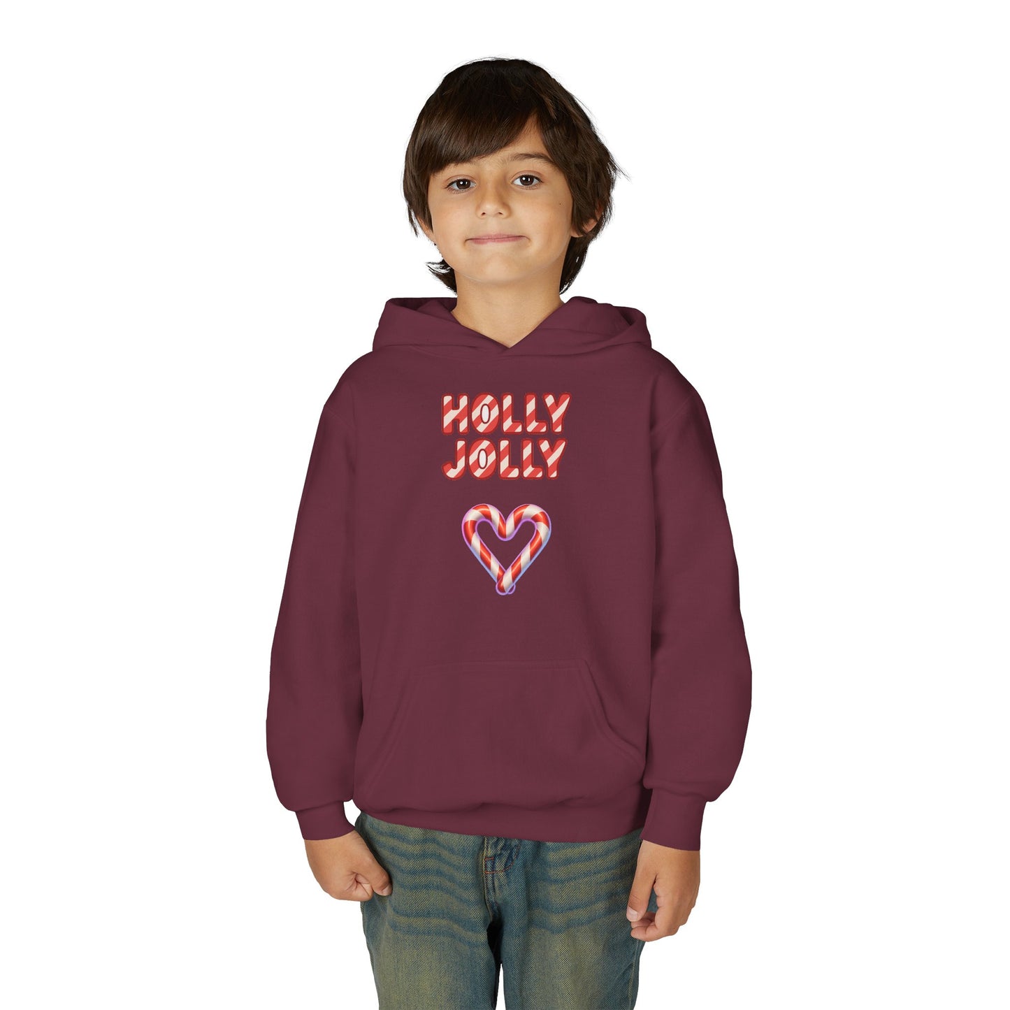 Youth Hoodie — "Holly Jolly" Candy Cane Heart Christmas Sweatshirt