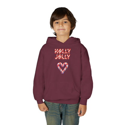 Youth Hoodie — "Holly Jolly" Candy Cane Heart Christmas Sweatshirt