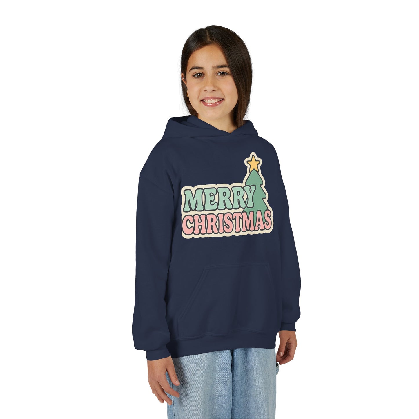Kids youth Merry Christmas Hoodie — Pastel Tree Holiday Pullover