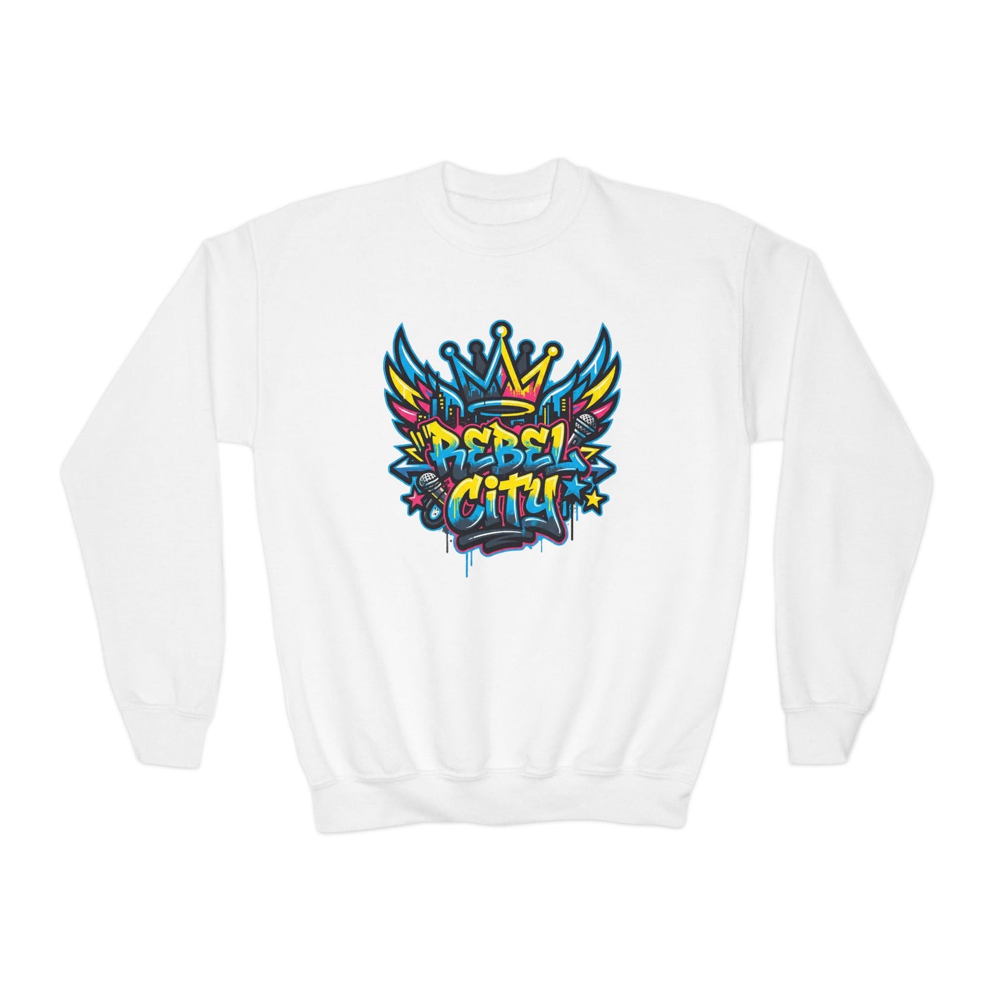 Youth Crewneck spray paint style- Sweatshirt - Colorful Rebel City Graffiti Crown Design