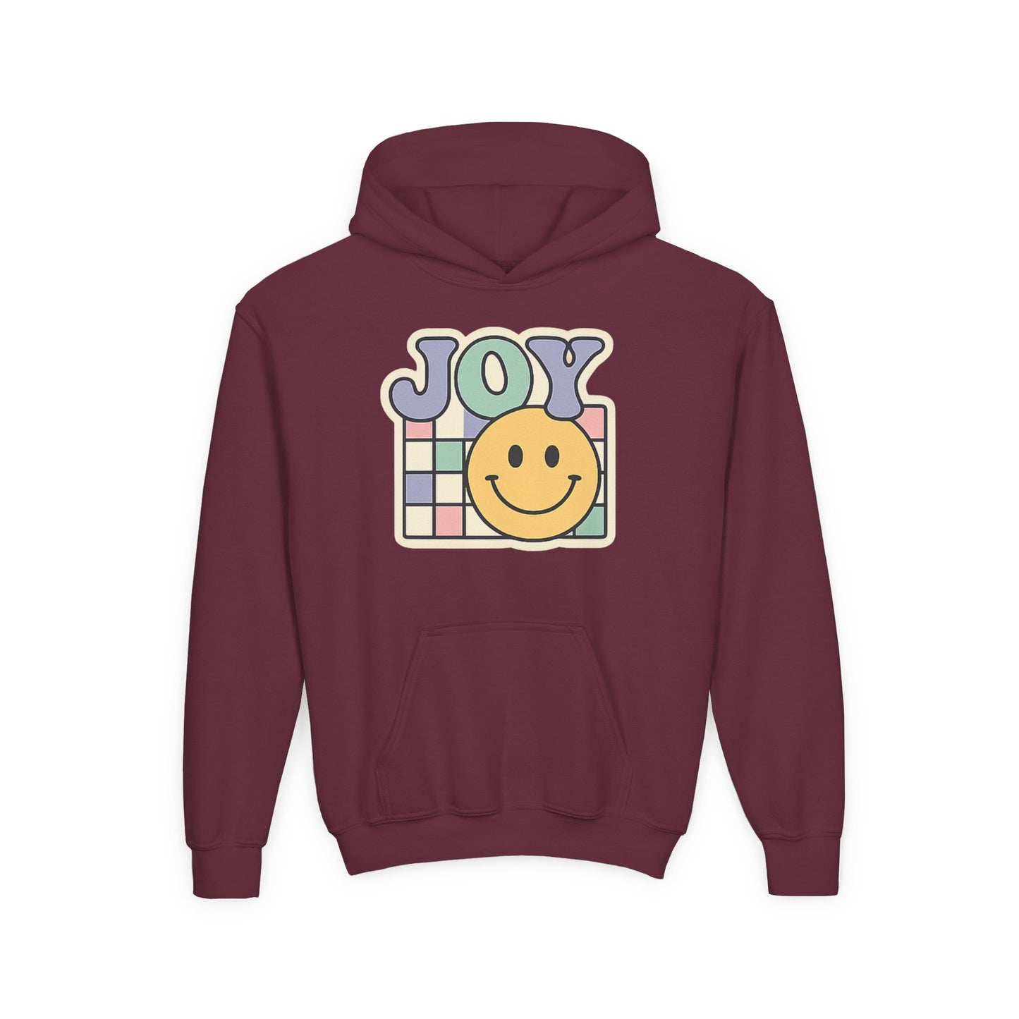 Girls Youth Hoodie – Retro 'JOY' Smiley Graphic Kids Sweatshirt