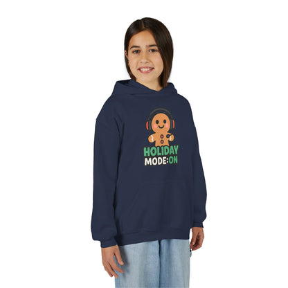 Youth Hoodie — 'Holiday Mode On' Gingerbread Headphone Christmas Sweatshirt