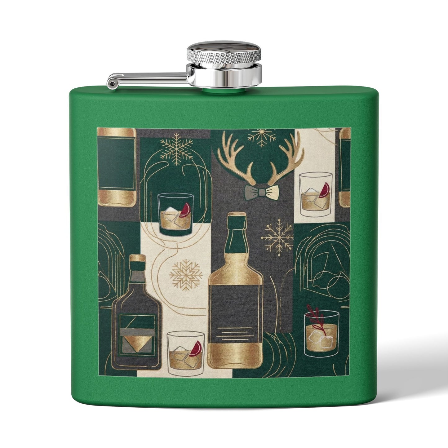 Whiskey Night Stainless Steel Flask — 6oz Holiday Spirits Design ( free shipping)