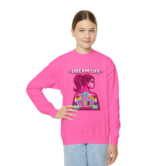 “Dream Life” girls “Barbie style” Youth Crewneck Sweatshirt — Retro Sunset Girl Graphic