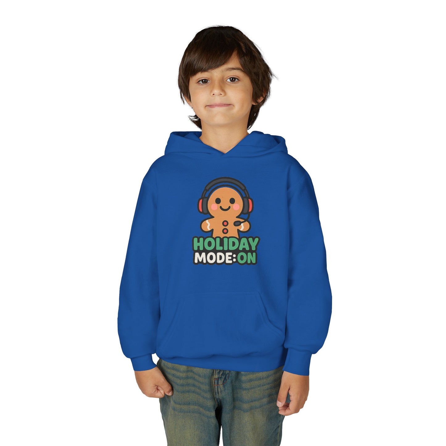 Youth Hoodie — 'Holiday Mode On' Gingerbread Headphone Christmas Sweatshirt