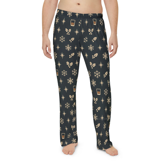 Men's whiskey Holiday Flannel Pajama Pants — Snowflakes & Coffee Pattern
