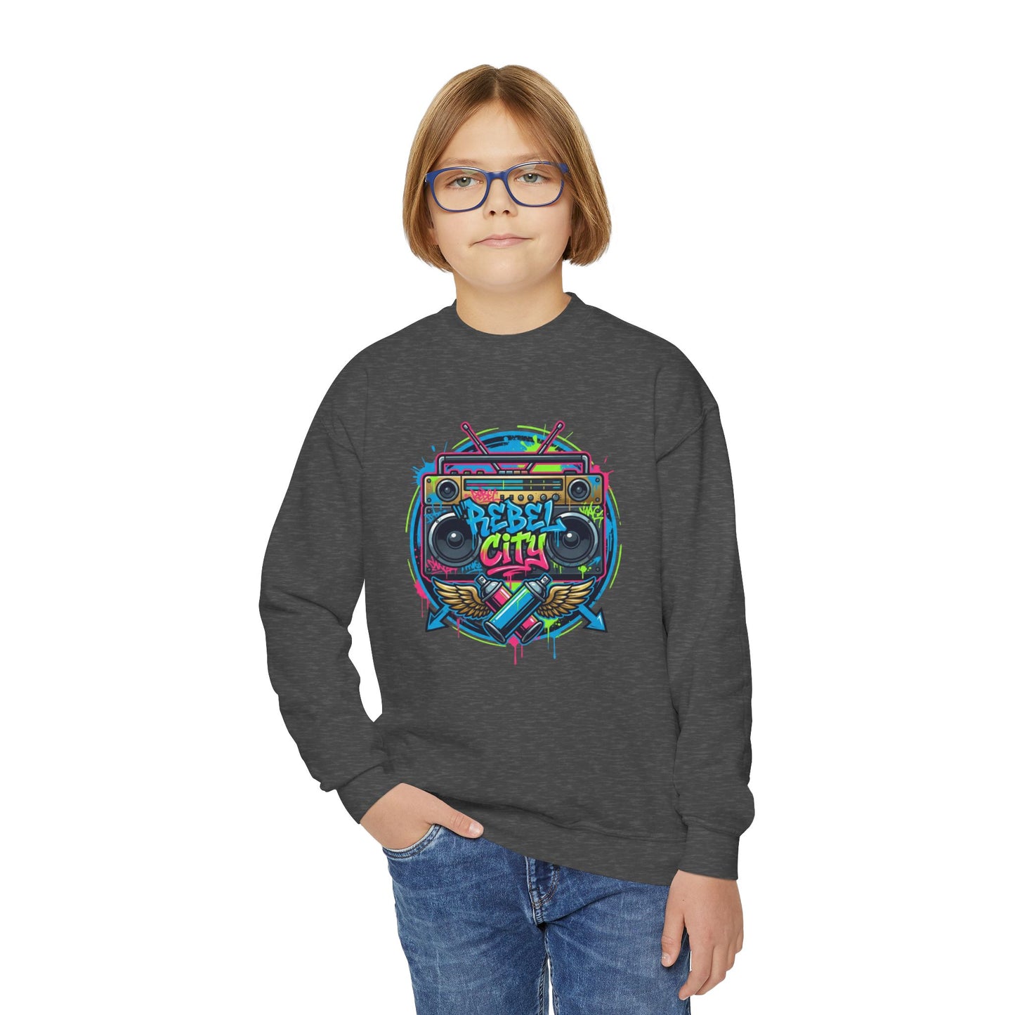 Youth Crewneck Sweatshirt — Vibrant Retro Boombox “Rebel With” spray paint Graphic