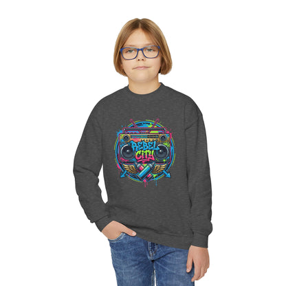 Youth Crewneck Sweatshirt — Vibrant Retro Boombox “Rebel With” spray paint Graphic