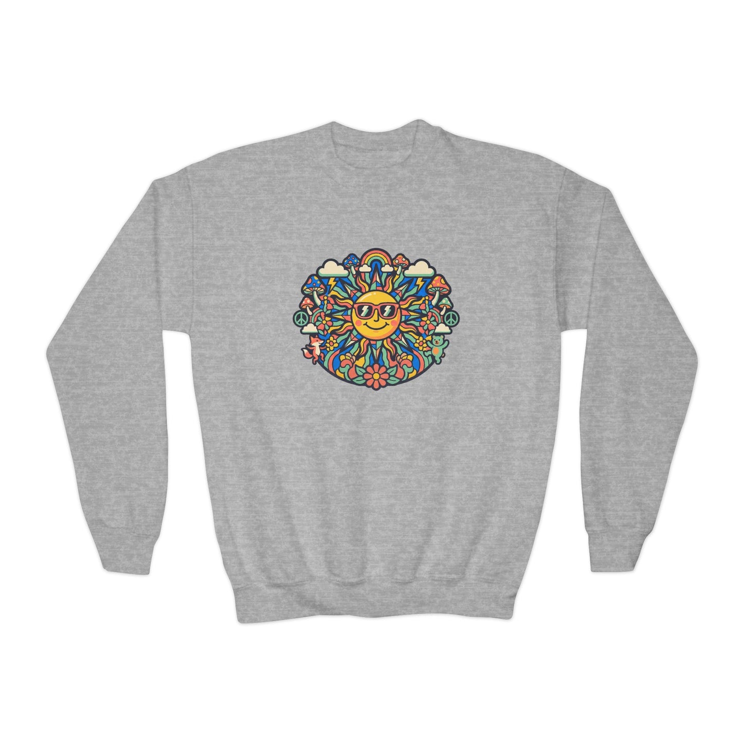 Youth Y2K Aesthetic - Crewneck Sweatshirt — Colorful Retro Sun & Floral Graphic
