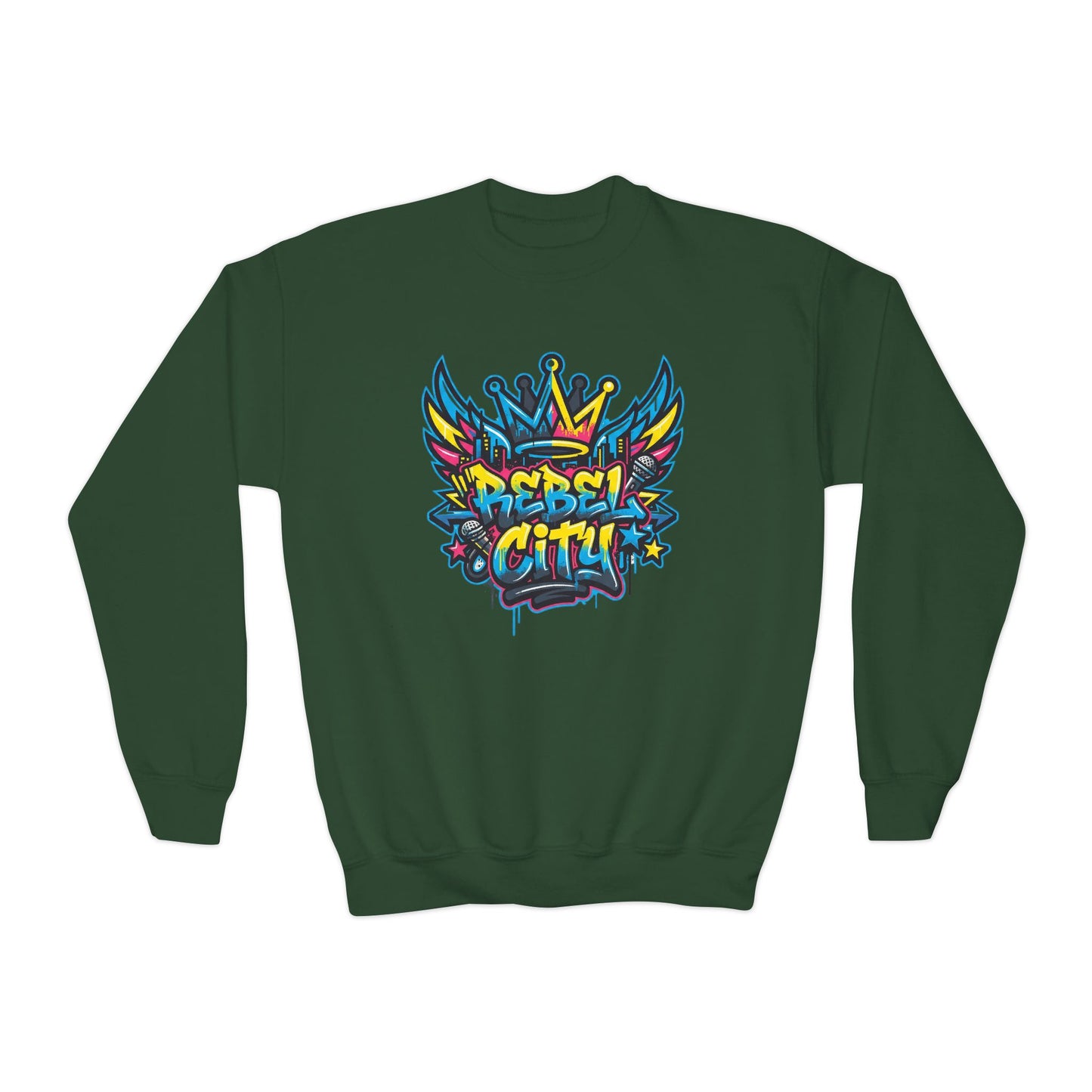 Youth Crewneck spray paint style- Sweatshirt - Colorful Rebel City Graffiti Crown Design