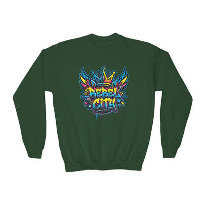 Youth Crewneck spray paint style- Sweatshirt - Colorful Rebel City Graffiti Crown Design