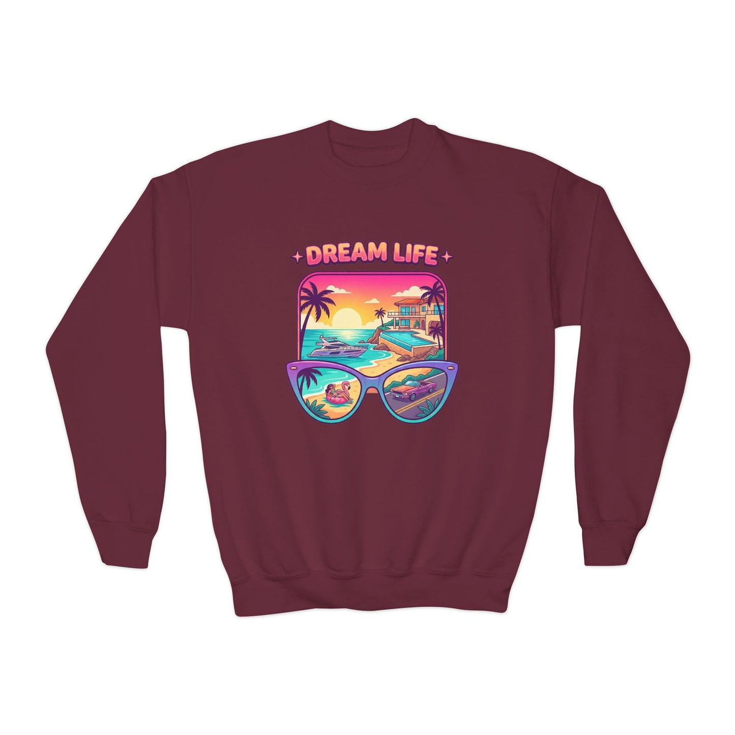 Girls Youth Crewneck Sweatshirt - "Dream Life" Tropical Sunset Graphic