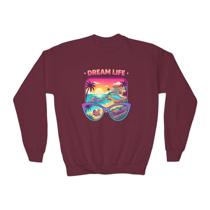 Girls Youth Crewneck Sweatshirt - "Dream Life" Tropical Sunset Graphic