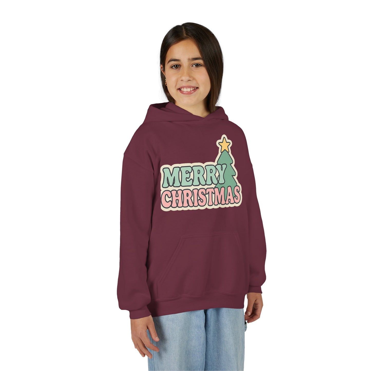 Kids youth Merry Christmas Hoodie — Pastel Tree Holiday Pullover