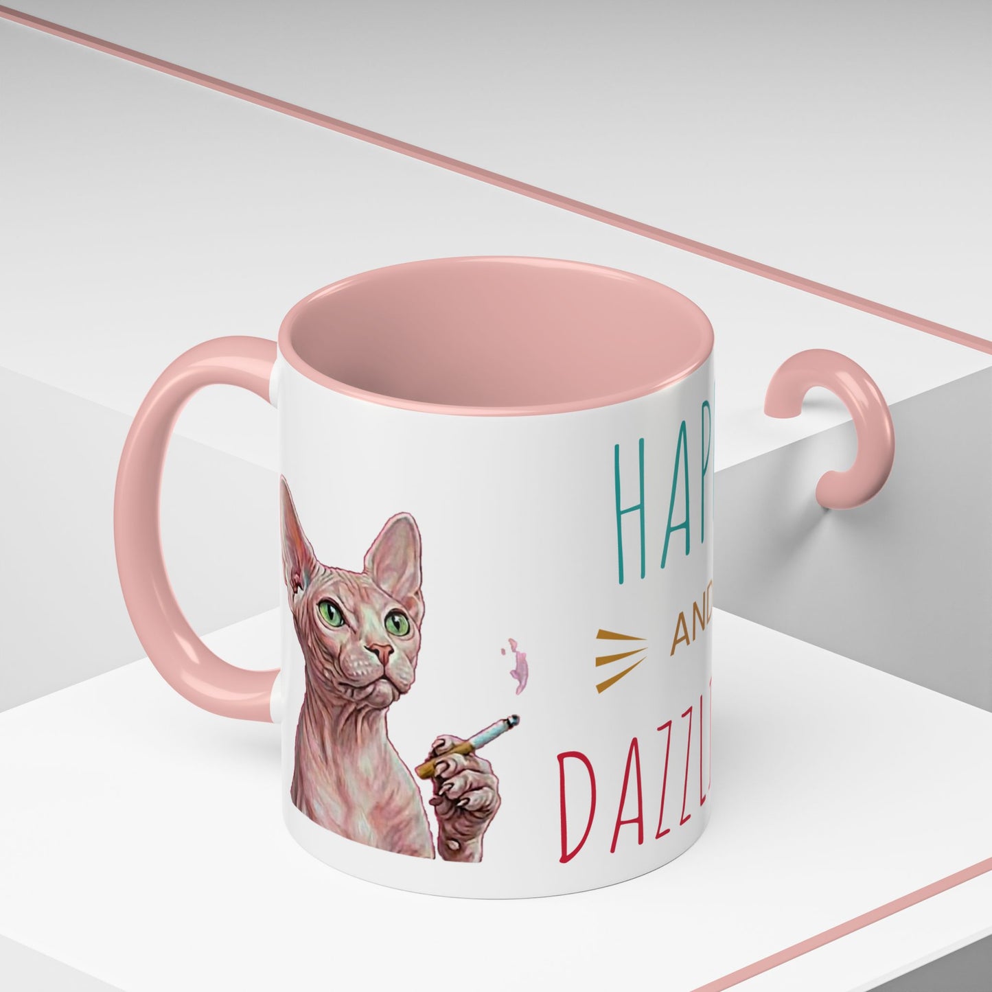 Happy and Dazzling smoking Cat Coffee Mug — Sphynx Cat Accent Mug (11/15oz) (free shipping)