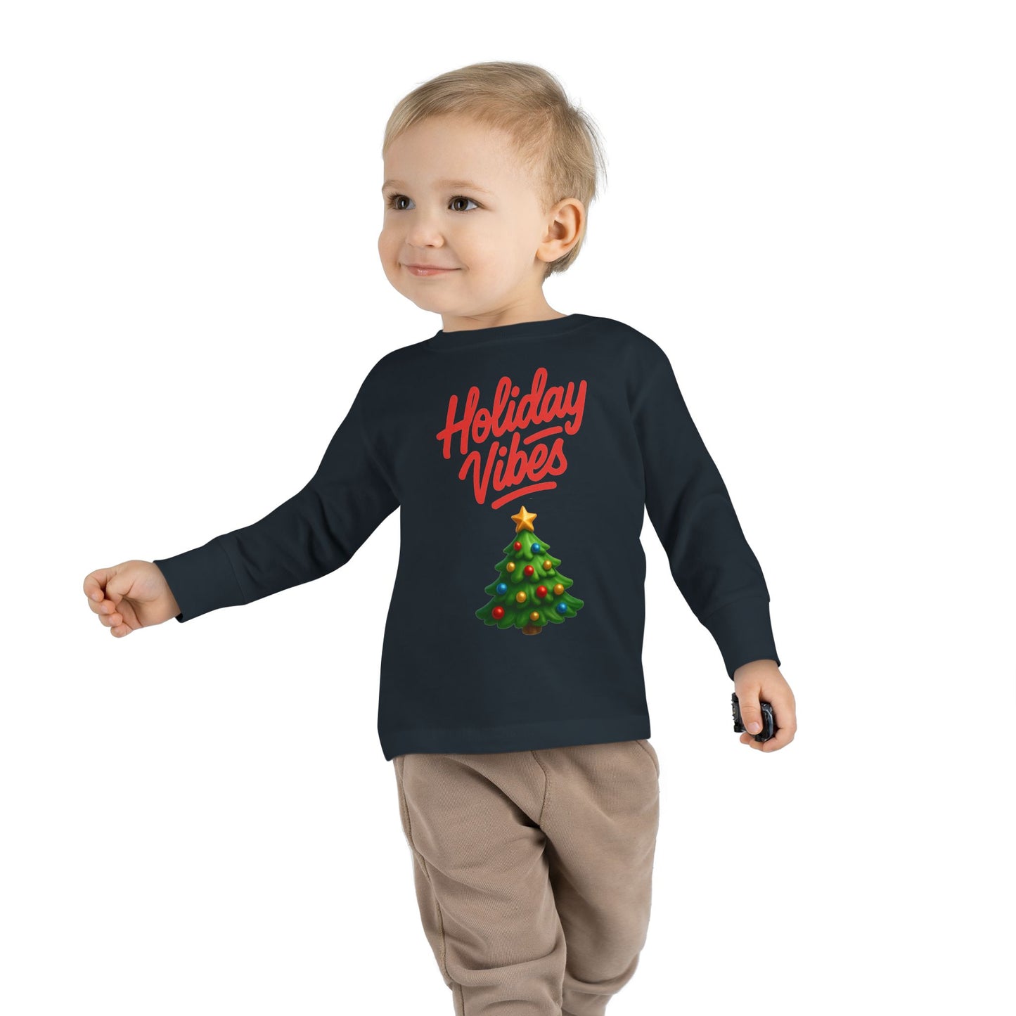 Holiday Vibes unisex Toddler Long Sleeve Tee – Cute Christmas Tree Kids Shirt