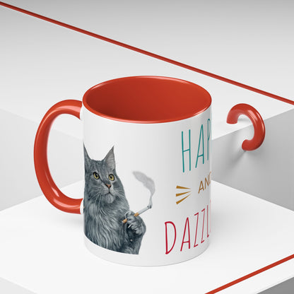 Happy and Dazzling smoking Cat Coffee Mug — Cute Cat smoking a cigarette Illustration Accent Mug (11/15 oz) (free shipping)