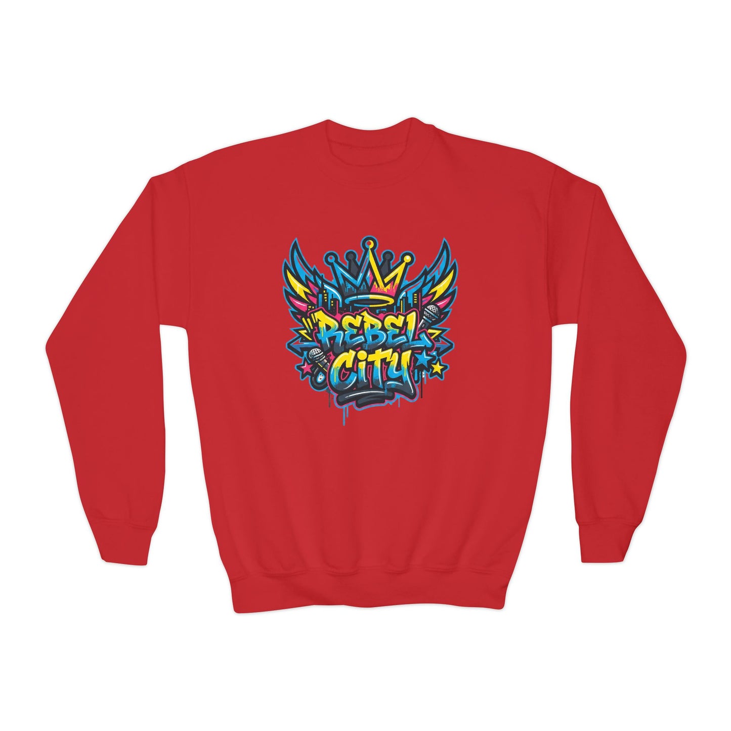 Youth Crewneck spray paint style- Sweatshirt - Colorful Rebel City Graffiti Crown Design