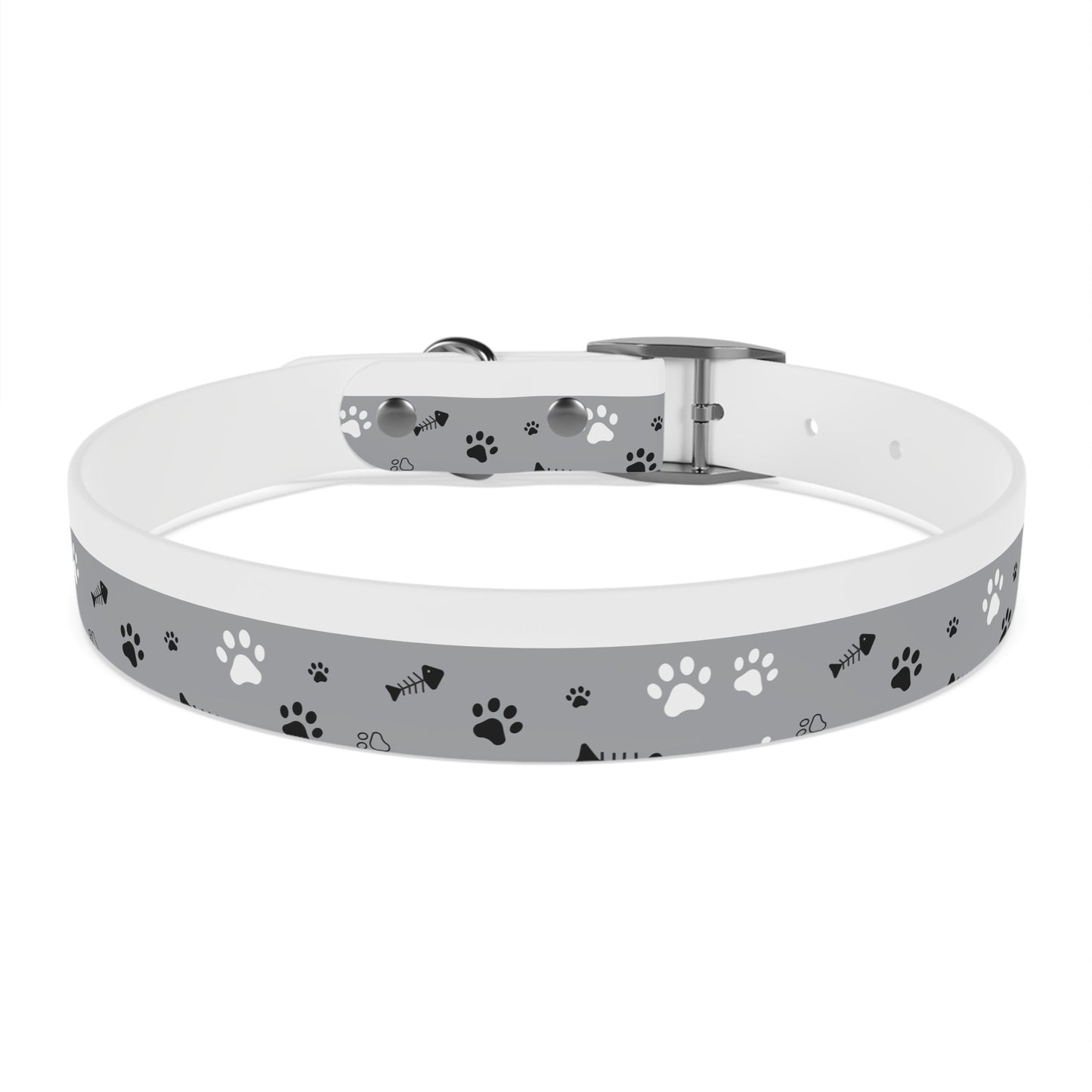 Grey Paw Print Dog Collar — Cute Bone & Paw Design, Durable Adjustable Pet Collar