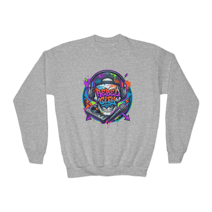 Youth Crewneck Sweatshirt — Neon spray paint rebel Skull 'Rebel With A Cause' Graphic