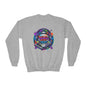 Youth Crewneck Sweatshirt — Neon spray paint rebel Skull 'Rebel With A Cause' Graphic