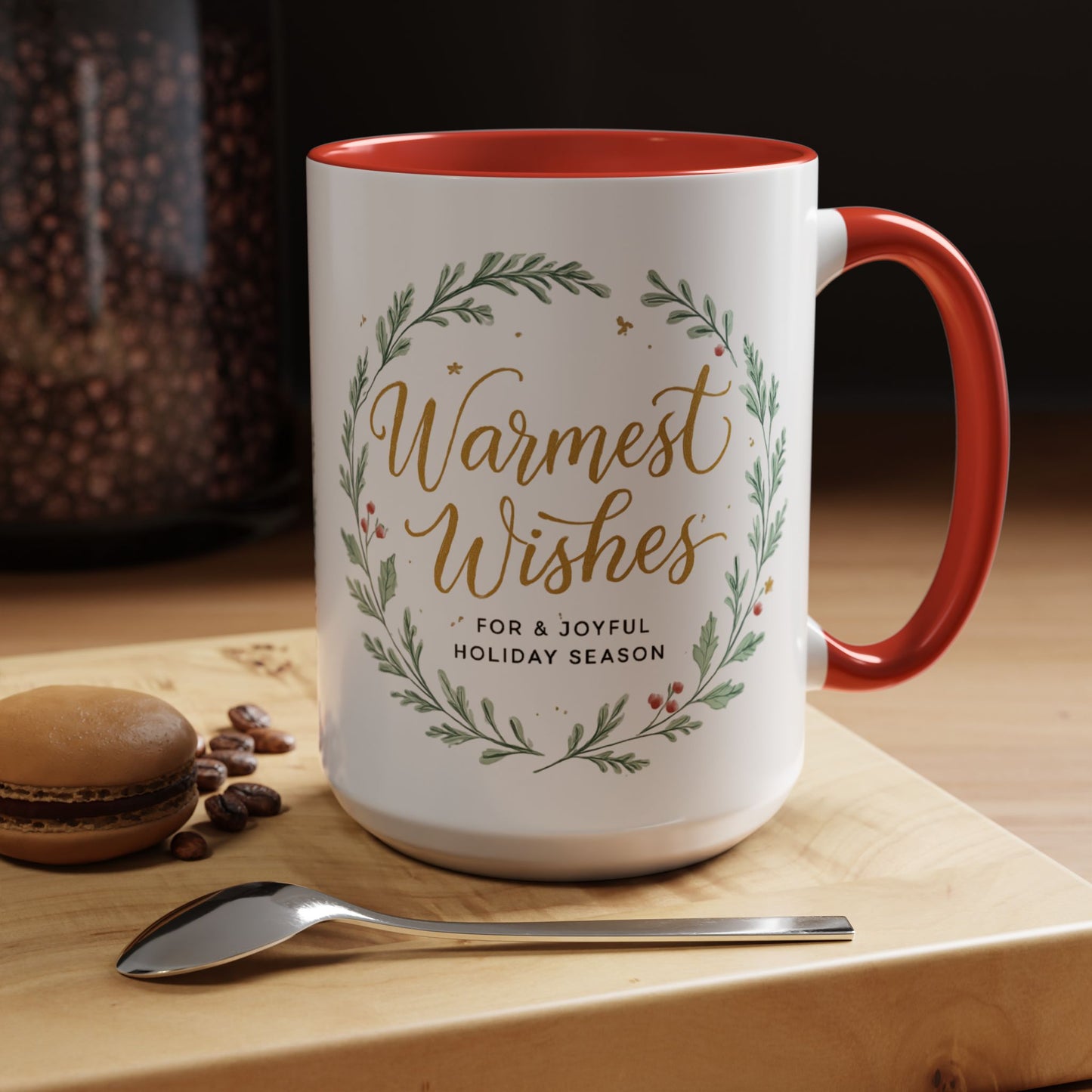 Warmest Wishes Holiday Coffee Mug — Festive Wreath Accent Mug (11/15oz)