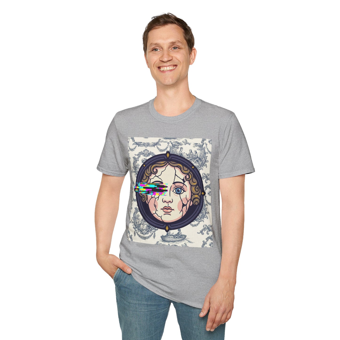Glitch retro cracked porcelain doll face- Rococo Smartphone Toile - T-Shirt — Retro Mythology Art Tee