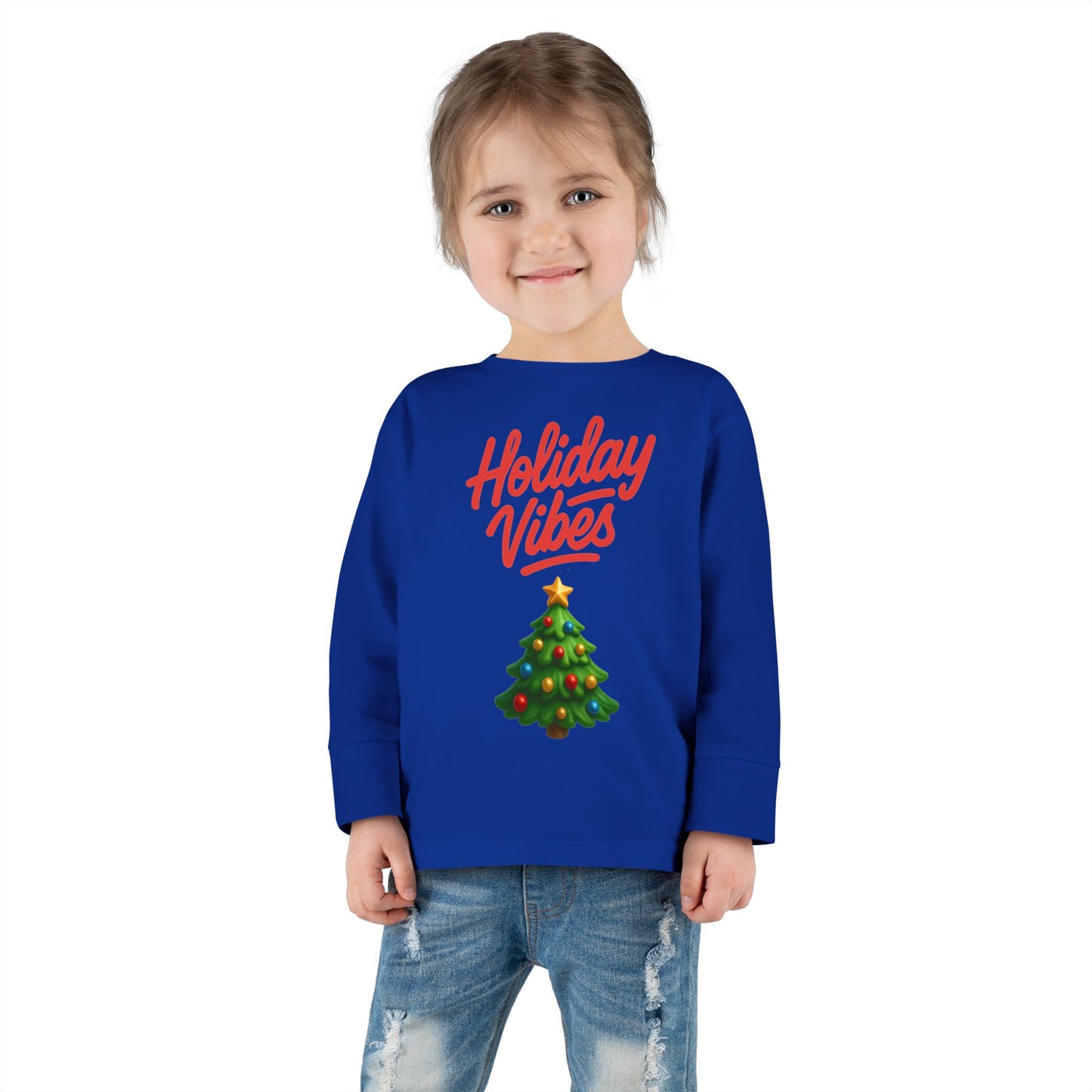 Holiday Vibes unisex Toddler Long Sleeve Tee – Cute Christmas Tree Kids Shirt