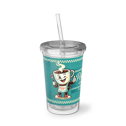 Perky’s Cafe KS -Retro diner charm in a lightweight 16oz double-walled acrylic cup. Cold up to 24 hrs, warm up to 12. BPA-free with lid + reusable straw.(free shipping)