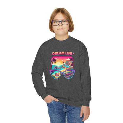 Girls Youth Crewneck Sweatshirt - "Dream Life" Tropical Sunset Graphic