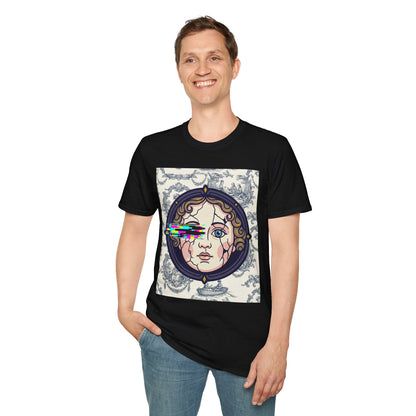 Glitch retro cracked porcelain doll face- Rococo Smartphone Toile - T-Shirt — Retro Mythology Art Tee
