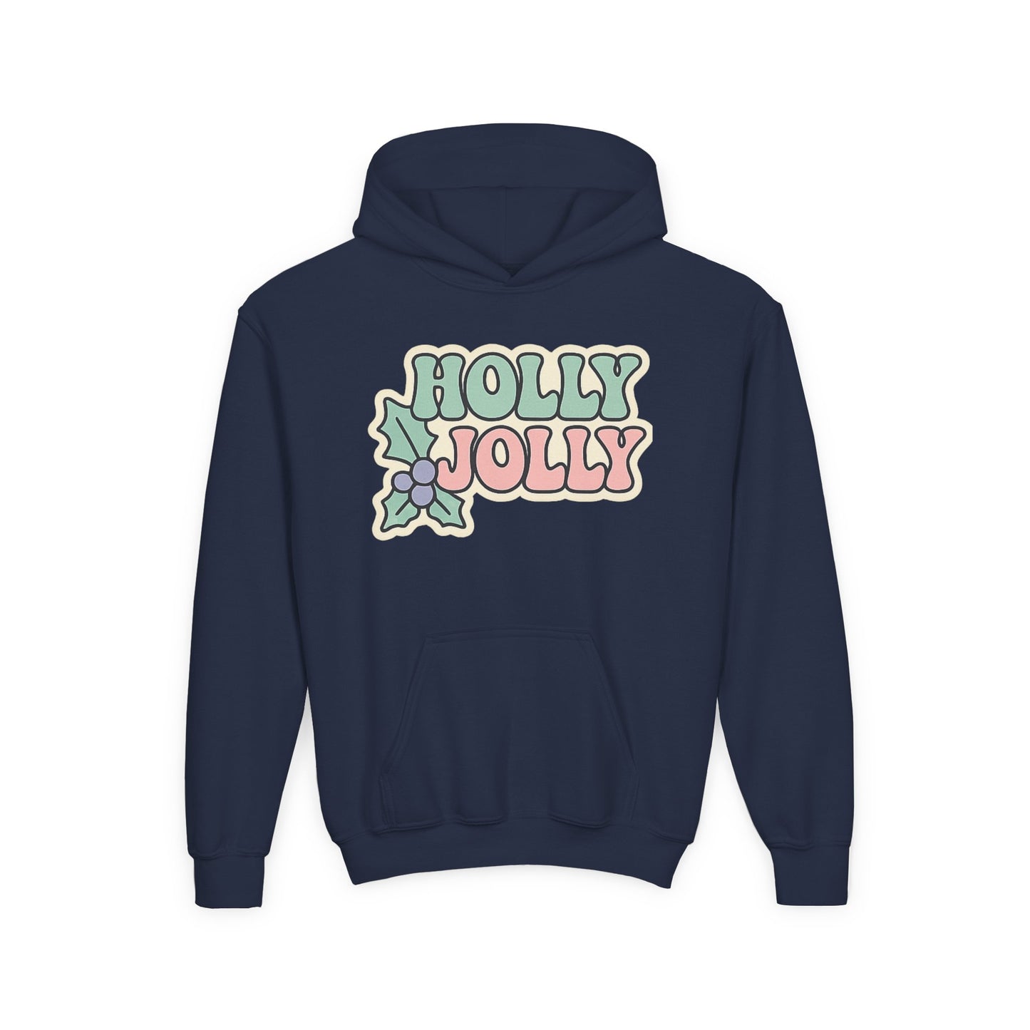 Girls Youth Hoodie — 'Holly Jolly' Pastel Christmas Holiday Sweatshirt