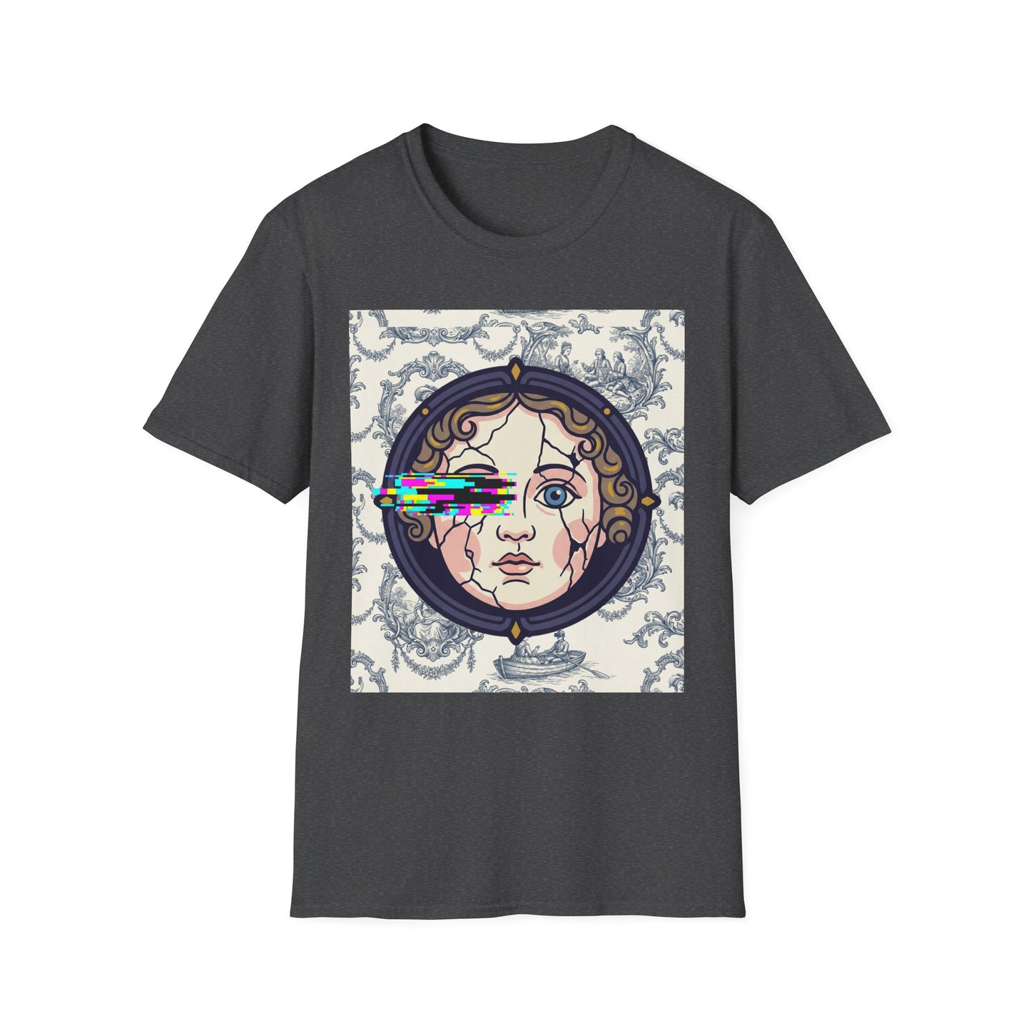 Glitch retro cracked porcelain doll face- Rococo Smartphone Toile - T-Shirt — Retro Mythology Art Tee