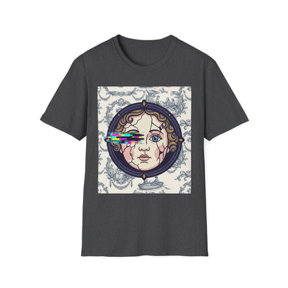 Glitch retro cracked porcelain doll face- Rococo Smartphone Toile - T-Shirt — Retro Mythology Art Tee