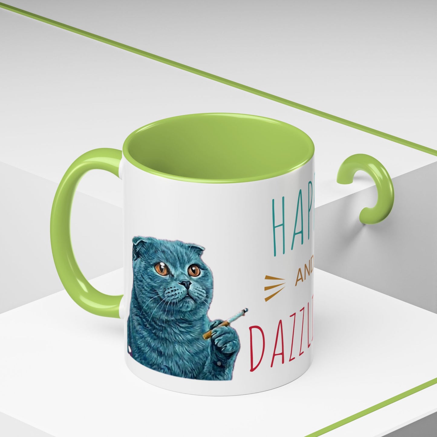 Happy and Dazzling Accent Coffee Mug — Cute Cat Art, Motivational Tea & Coffee Cup (free shipping)