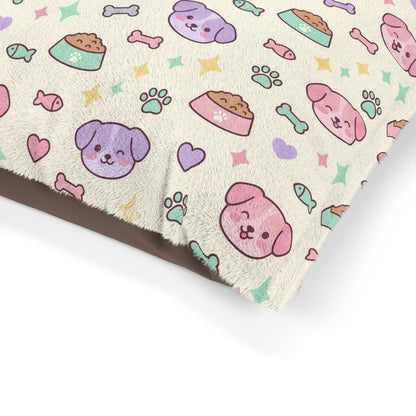 Cute Pastel Puppy Pattern Pet Bed — Soft Plush Dog Pillow with Food & Bone Design
