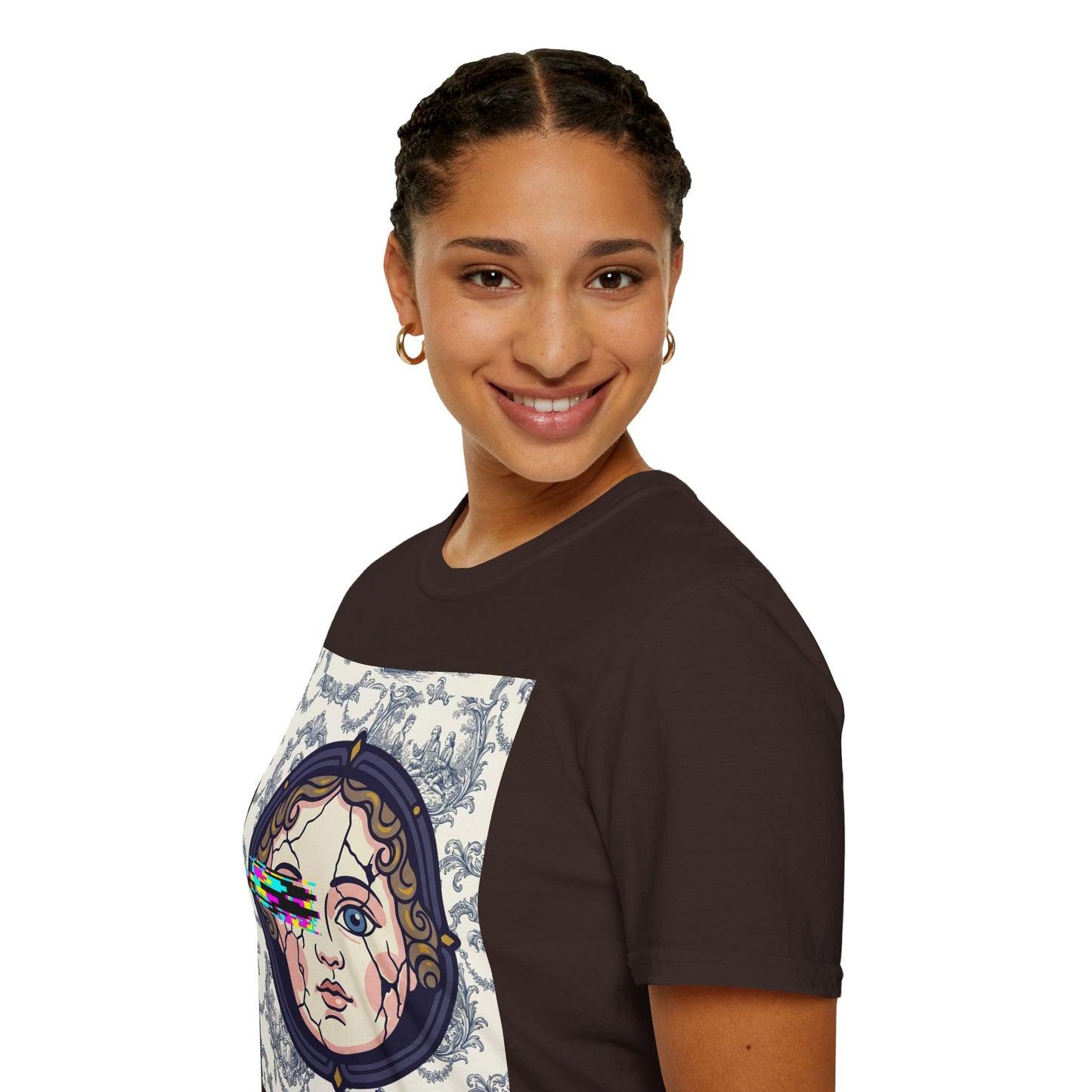Glitch retro cracked porcelain doll face- Rococo Smartphone Toile - T-Shirt — Retro Mythology Art Tee