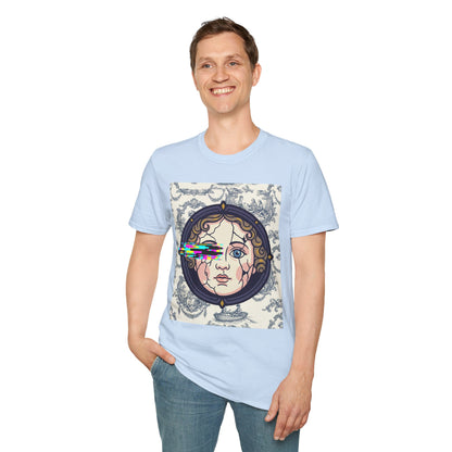 Glitch retro cracked porcelain doll face- Rococo Smartphone Toile - T-Shirt — Retro Mythology Art Tee