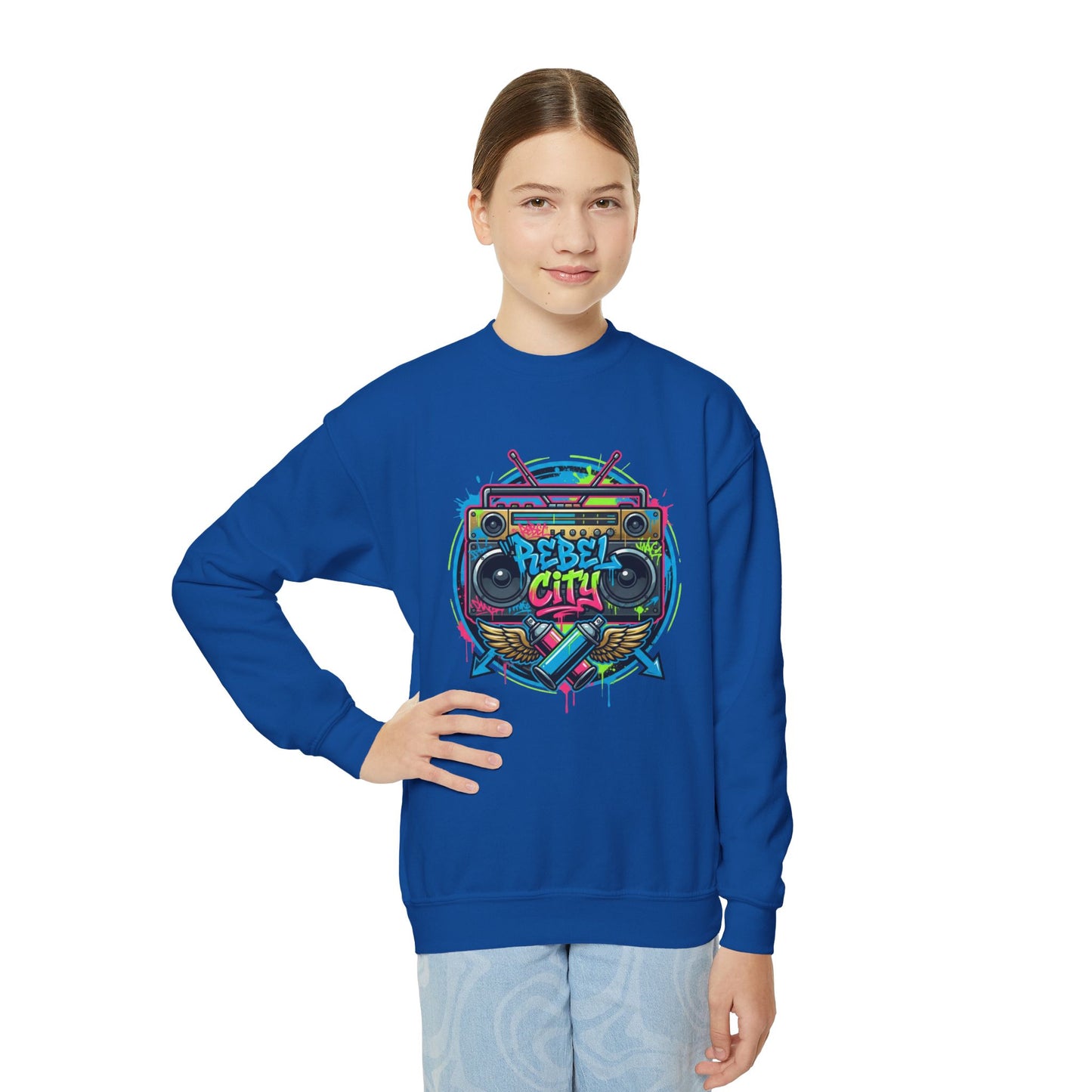 Youth Crewneck Sweatshirt — Vibrant Retro Boombox “Rebel With” spray paint Graphic