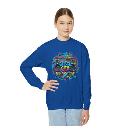Youth Crewneck Sweatshirt — Vibrant Retro Boombox “Rebel With” spray paint Graphic